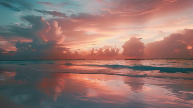 A beautiful sunset over Bahamas Beach, with the sky ablaze in pink and orange hues reflecting on the calm ocean.