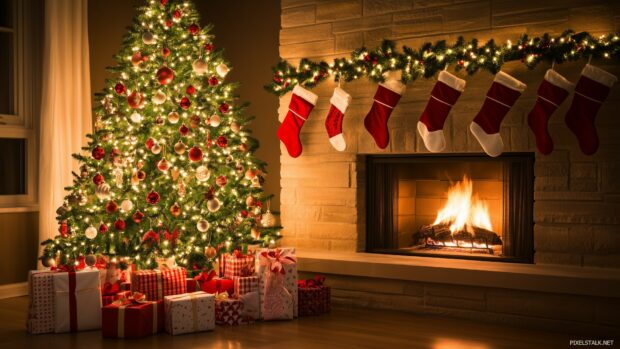 A beautifully decorated Christmas tree with sparkling lights and colorful ornaments, surrounded by wrapped gifts and a glowing fireplace.