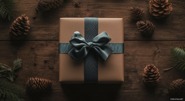 A beautifully wrapped Christmas gift with a simple, elegant ribbon.