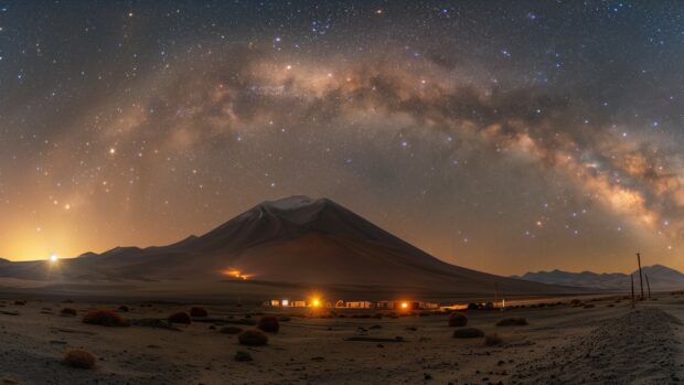 A breathtaking Milky Way galaxy 2K wallpaper from a dark desert landscape, with stars shining brightly.