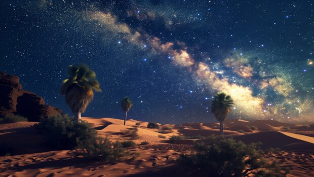 A breathtaking Milky Way galaxy 4K wallpaper from a dark desert landscape, stars shining brightly.