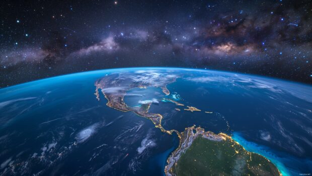 A breathtaking view of Earth from space, with vibrant blue oceans and lush green continents, 4K desktop wallpaper.