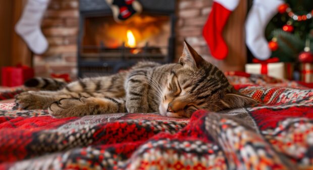 A cat napping on a Christmas themed blanket, with a fireplace and stockings in the background.