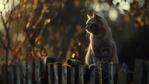 A charming British Shorthair cat sitting atop a rustic wooden fence, 4K cat desktop wallpaper.