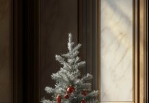 A charming Christmas iPhone Wallpaper with a small, decorated Christmas tree and presents arranged under it.