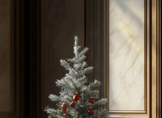 A charming Christmas iPhone Wallpaper with a small, decorated Christmas tree and presents arranged under it.