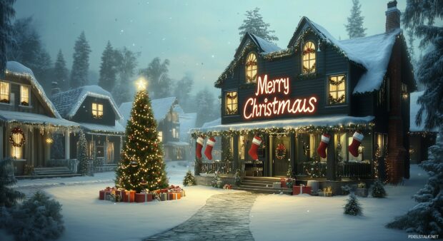 A charming Christmas village scene with decorated houses, a Christmas Wallpaper for desktop.