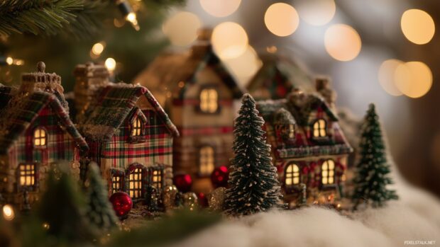 A charming Christmas village with plaid accents and twinkling lights.