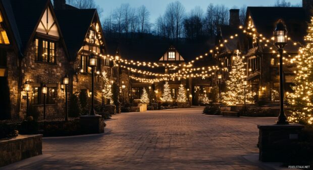 A charming preppy holiday village with plaid accents and twinkling lights.