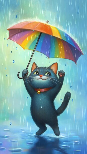 A cheerful cat holding a tiny umbrella and dancing in the rain with rainbow drops, in the style of Kawaii.