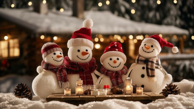 A cheerful snowman family with scarves and hats, standing in front of a cozy cabin, 1920x1080 Christmas Desktop Wallpaper.