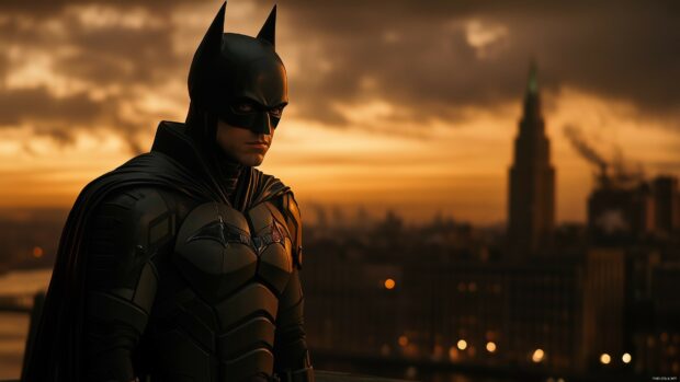 A cinematic shot of Batman standing on a narrow ledge, high above the city, 4K Batman Wallpaper.