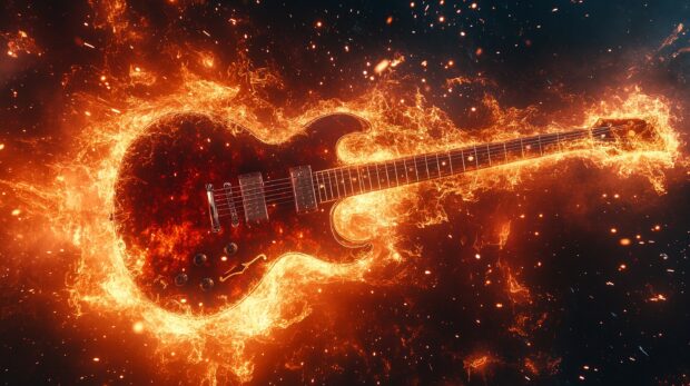 A classic electric Guitar engulfed in vibrant, swirling flames, with sparks flying against a dark, Fire desktop background.