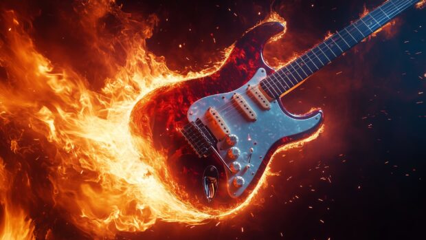 A classic electric Guitar engulfed in vibrant, swirling flames, with sparks flying against a dark, fire background.