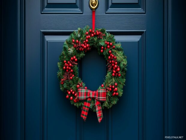 A classic red and green plaid Christmas wreath on a navy blue door.