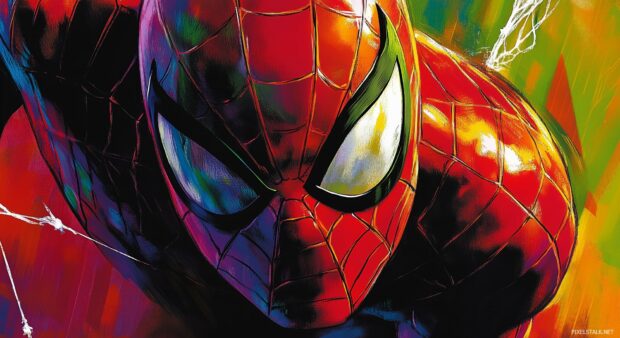 A close up comic book style portrait of Spiderman comics wallpaper.