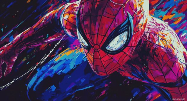 A close up comic book style portrait of Spiderman, with intense colors and dynamic shading that highlights his iconic suit and web patterns.