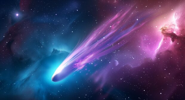 A close up image of a purple comet streaking across galaxy, its glowing tail illuminating the surrounding stars.