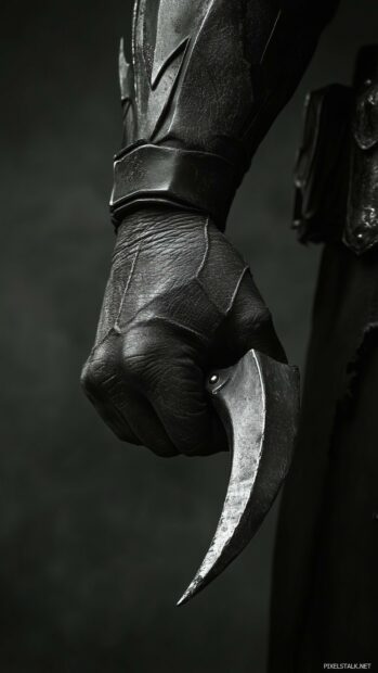 A close up of Batman hand holding a Batarang.