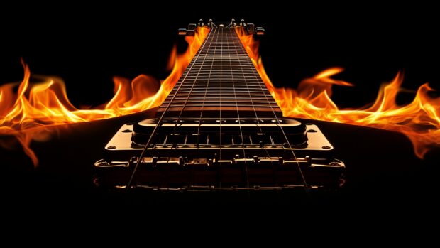 A close up of a Guitar neck and headstock with flames dancing along the strings.