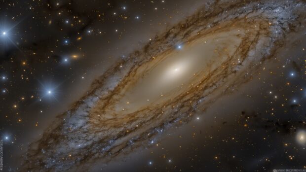 A close up of a galaxy's spiral arm, showing intricate details and star formations.