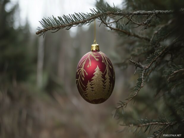 A close up of a red and gold ornament hanging on a Christmas tree branch.