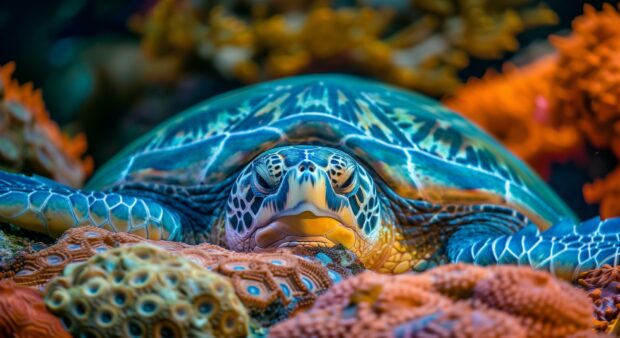 A close up of a sea turtle resting on a coral reef, vibrant colors of the ocean floor surrounding it.