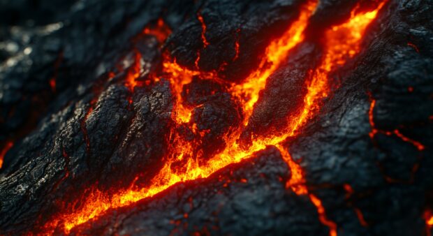 A close up of crackling red flames licking across the surface of a blackened object.