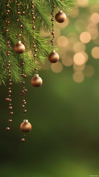 A close up of elegant Christmas ornaments hanging from a lush green tree, with a warm, iPhone background.