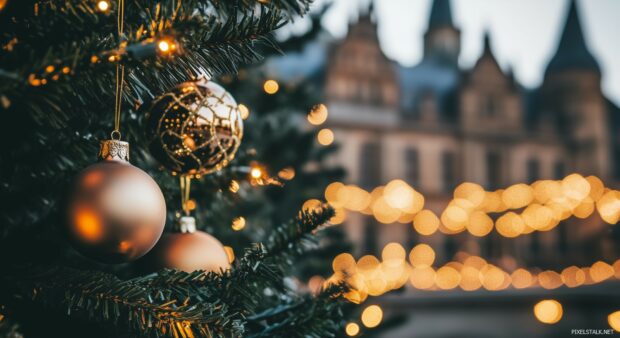 A close up of elegant Christmas ornaments hanging on a tree, with twinkling lights and a festive garland in the background.