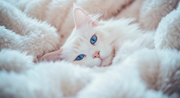 A close up shot of a white cat with blue eyes, lying on a soft blanket.