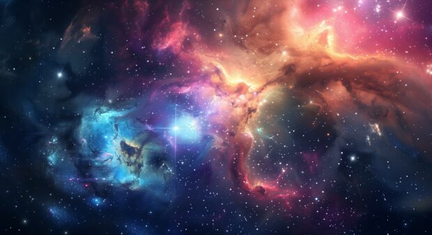 A colorful galaxy desktop background with a mix of red, blue, and purple hues, shining brightly.