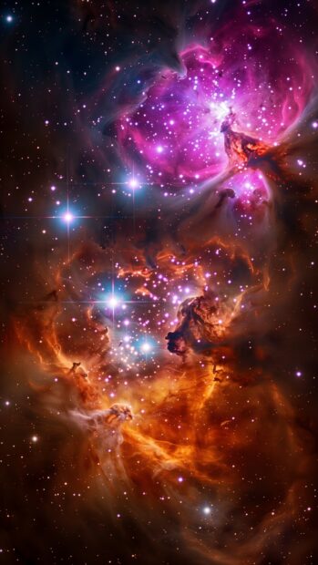 A colorful galaxy with pink and orange nebulas and shimmering stars, cute space wallpaper.