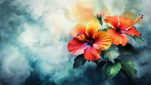 A colorful watercolor painting of tropical hibiscus flowers.