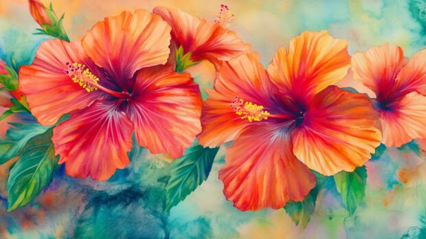 A colorful watercolor painting of tropical hibiscus flowers, with bright reds and oranges merging into soft greens and blues.