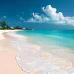 A cool Bahamas Beach with powdery white sand and turquoise waters, surrounded by palm trees.