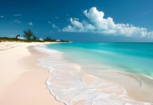 A cool Bahamas Beach with powdery white sand and turquoise waters, surrounded by palm trees.