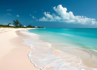 A cool Bahamas Beach with powdery white sand and turquoise waters, surrounded by palm trees.