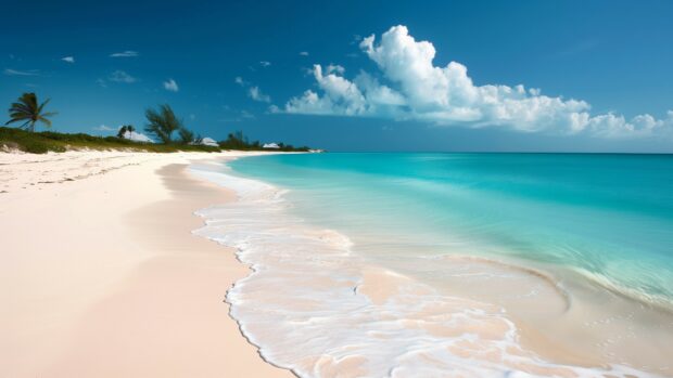 A cool Bahamas Beach with powdery white sand and turquoise waters, surrounded by palm trees.