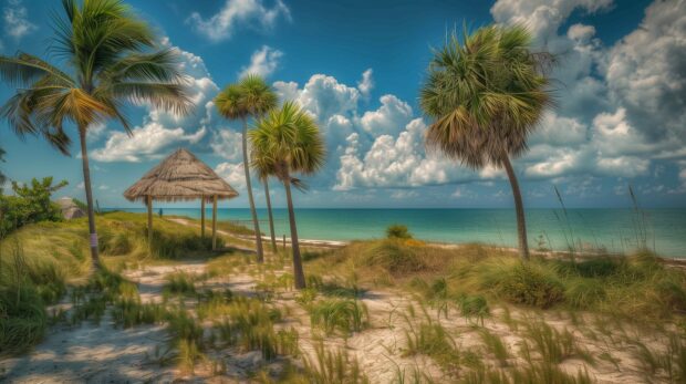 A cool Bahamas Beach with swaying palm trees and a thatched roof cabana, the ocean sparkling in the sunlight.