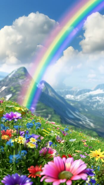 A cool rainbow spanning across a lush green meadow, with wildflowers blooming in vibrant colors.