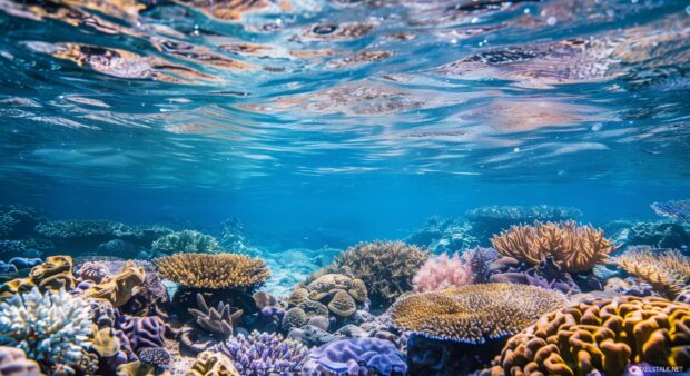 A coral reef seen through the clear blue ocean water.