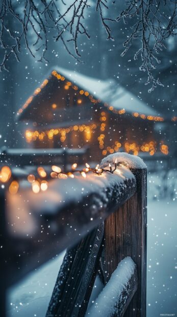 A cozy Christmas iPhone Wallpaper features Christmas lights draped over a rustic wooden fence and glowing softly in the snowfall.