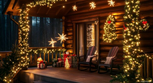 A cozy outdoor setting featuring Christmas lights strung across a porch and draped over evergreen garlands, glowing softly in the evening.