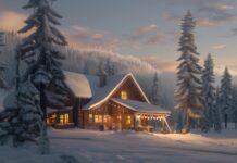 A cozy winter cabin surrounded by tall, snow laden trees.