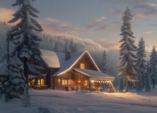 A cozy winter cabin surrounded by tall, snow laden trees.