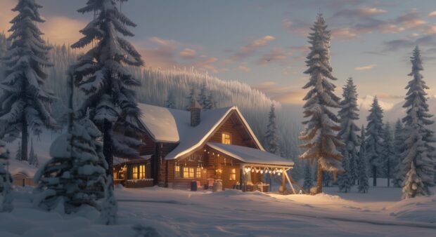 A cozy winter cabin surrounded by tall, snow laden trees.