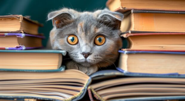 A curious Scottish Fold cat peeking out from behind a stack of books.