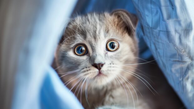 A curious Scottish Fold kitten peeking out from behind a curtain, its folded ears adding to its charm.