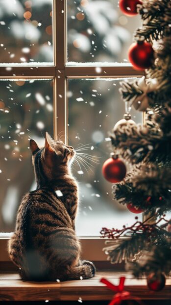 A curious cat watching snowflakes fall outside the window, with a decorated Christmas tree nearby.